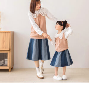 撞色拼接條紋牛仔裙(親子裝)