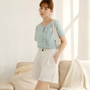 不易皺半開襟排釦垂條造型短袖上衣
