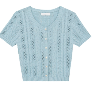 小花貝扣麻花短袖針織開襟衫